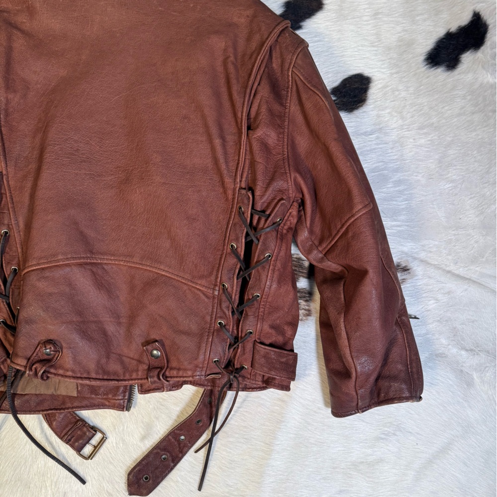 Brown Leather Moto Jacket Lace Up Biker Vintage XL Oversized - Picture 4 of 4